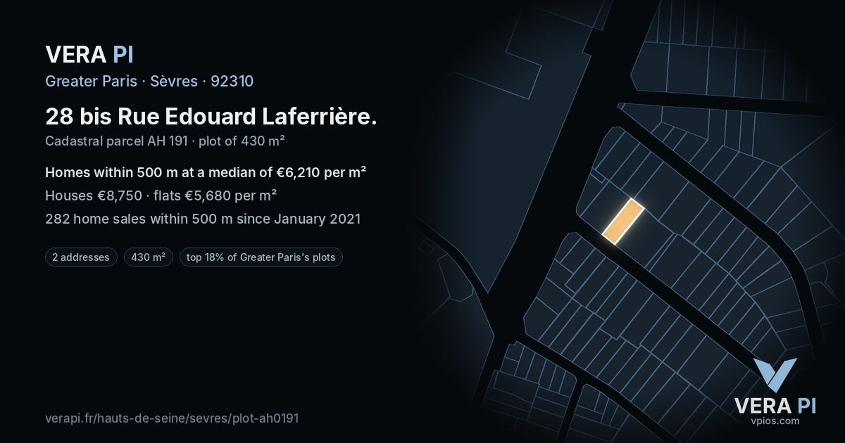 28 bis Rue Edouard Laferrière, Sèvres at night – the plot lit, the parcels around coloured by the prices near them