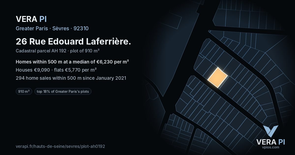26 Rue Edouard Laferrière, Sèvres at night – the plot lit, the parcels around coloured by the prices near them
