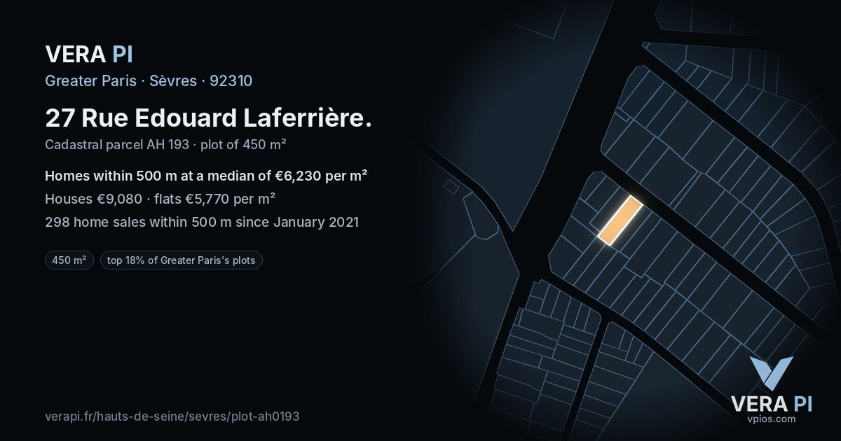 27 Rue Edouard Laferrière, Sèvres at night – the plot lit, the parcels around coloured by the prices near them
