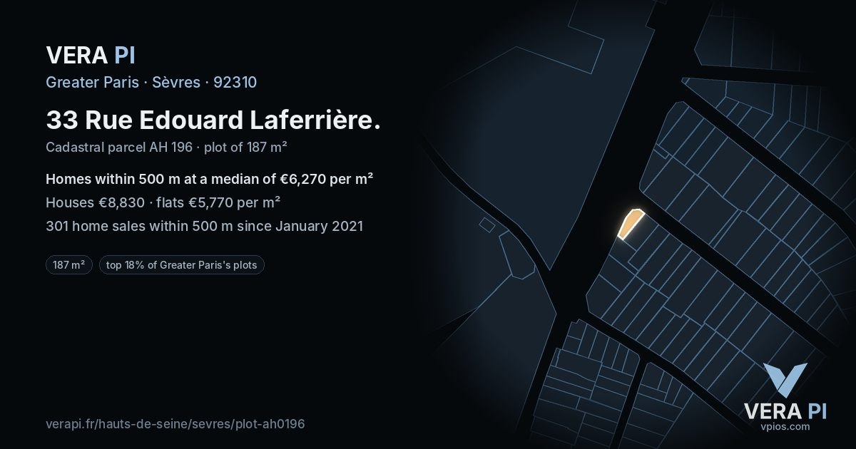 33 Rue Edouard Laferrière, Sèvres at night – the plot lit, the parcels around coloured by the prices near them