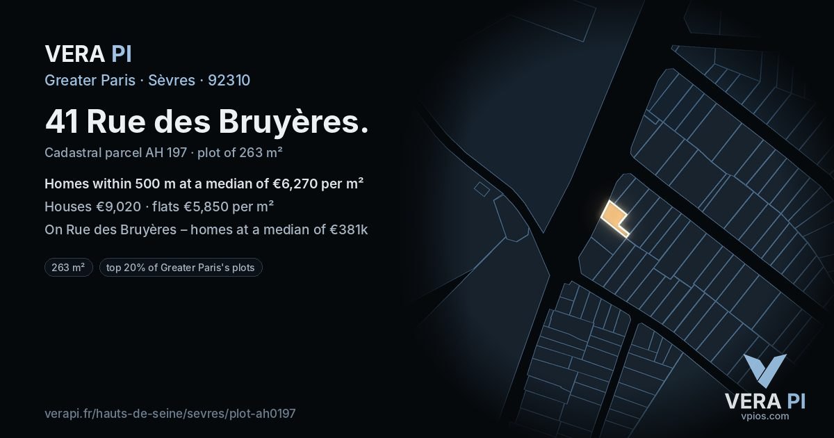 41 Rue des Bruyères, Sèvres at night – the plot lit, the parcels around coloured by the prices near them