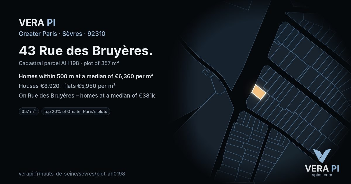 43 Rue des Bruyères, Sèvres at night – the plot lit, the parcels around coloured by the prices near them