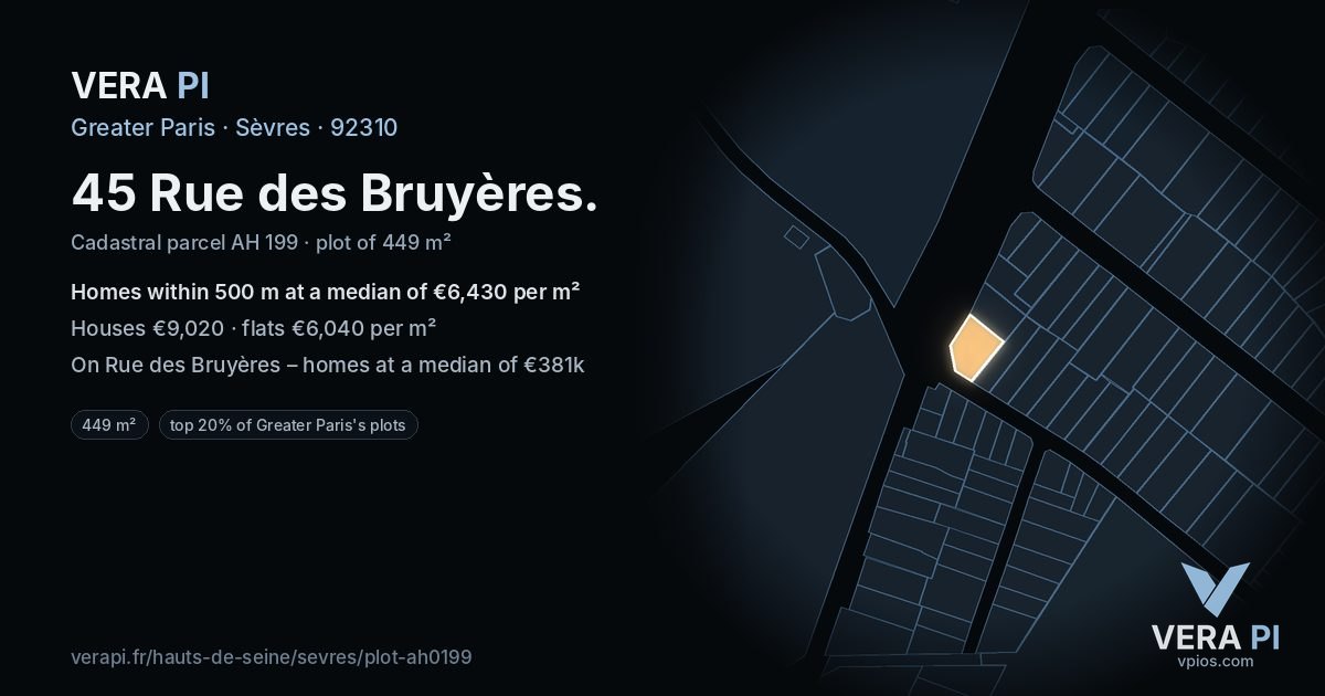 45 Rue des Bruyères, Sèvres at night – the plot lit, the parcels around coloured by the prices near them