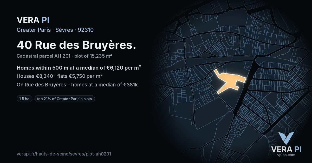 40 Rue des Bruyères, Sèvres at night – the plot lit, the parcels around coloured by the prices near them
