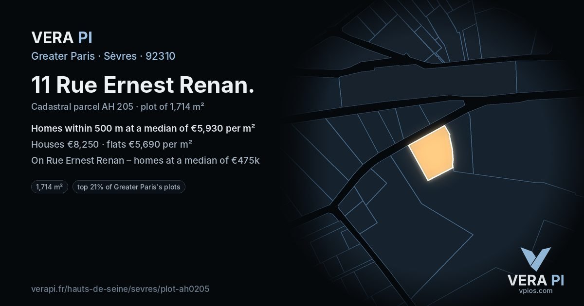 11 Rue Ernest Renan, Sèvres at night – the plot lit, the parcels around coloured by the prices near them