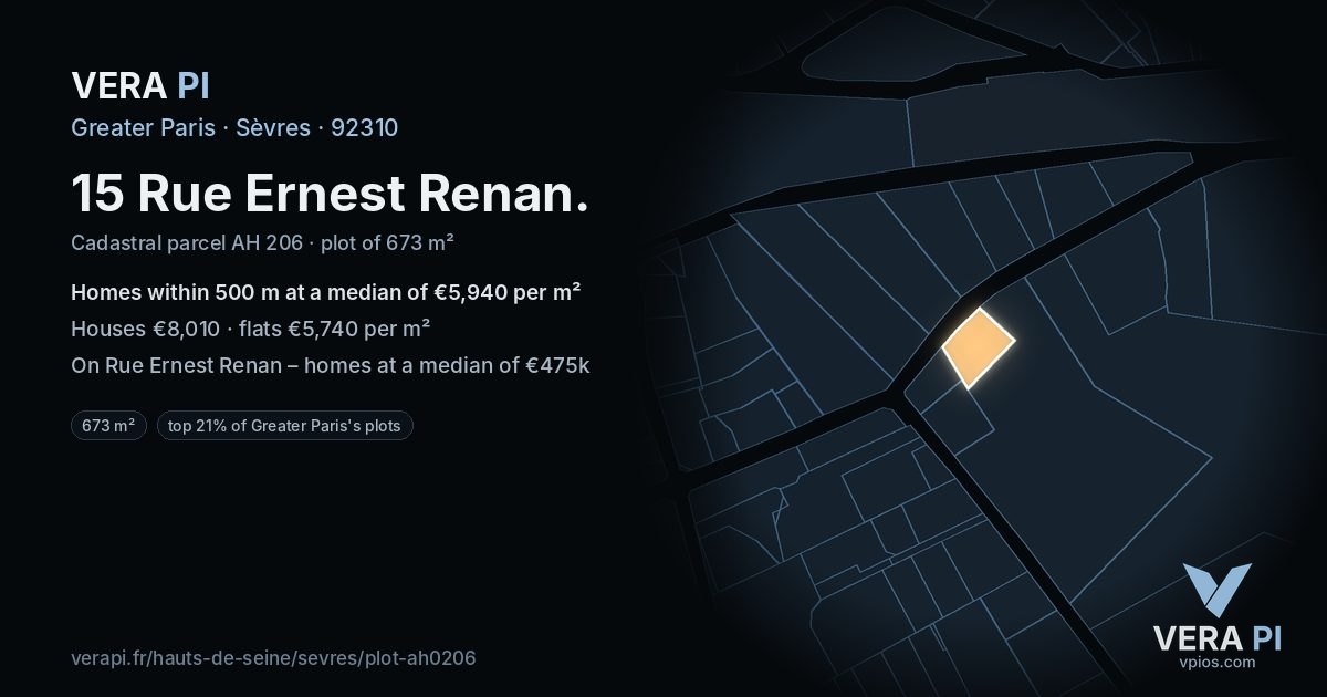 15 Rue Ernest Renan, Sèvres at night – the plot lit, the parcels around coloured by the prices near them
