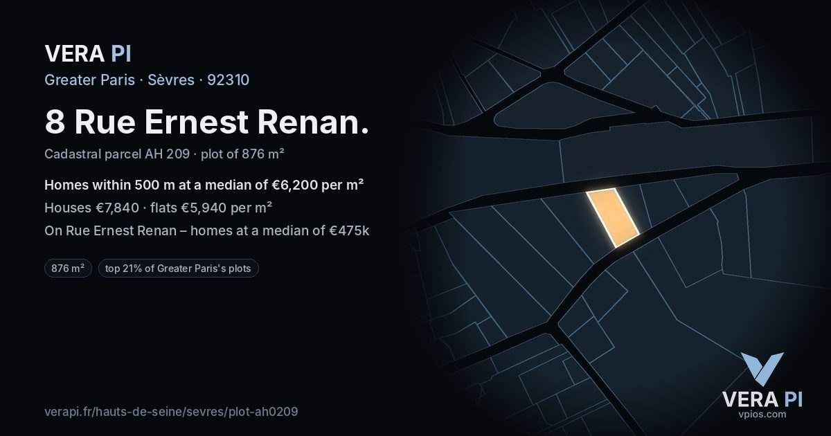 8 Rue Ernest Renan, Sèvres at night – the plot lit, the parcels around coloured by the prices near them