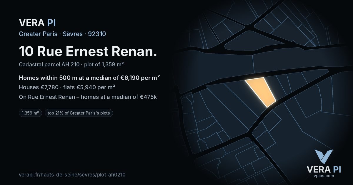 10 Rue Ernest Renan, Sèvres at night – the plot lit, the parcels around coloured by the prices near them