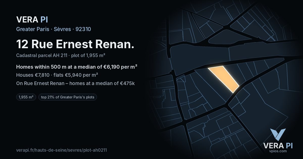 12 Rue Ernest Renan, Sèvres at night – the plot lit, the parcels around coloured by the prices near them
