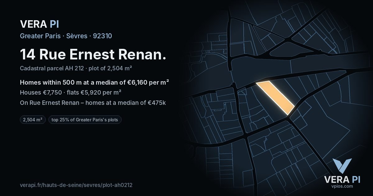 14 Rue Ernest Renan, Sèvres at night – the plot lit, the parcels around coloured by the prices near them
