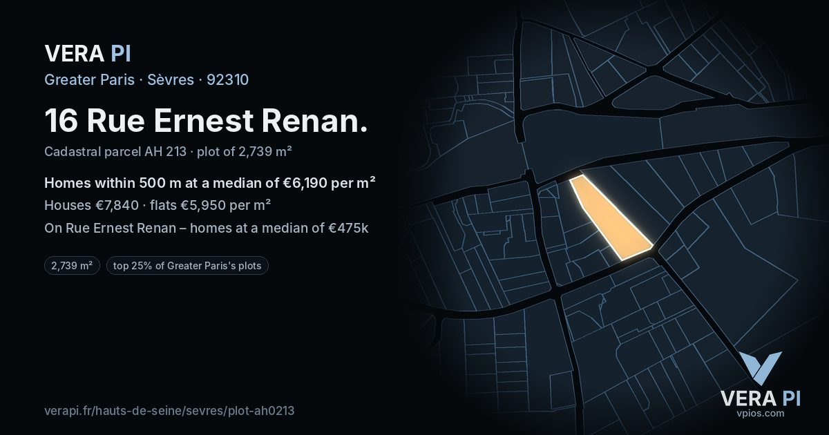 16 Rue Ernest Renan, Sèvres at night – the plot lit, the parcels around coloured by the prices near them