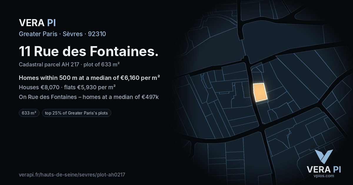 11 Rue des Fontaines, Sèvres at night – the plot lit, the parcels around coloured by the prices near them