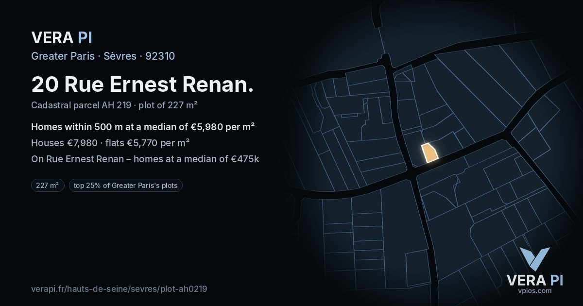 20 Rue Ernest Renan, Sèvres at night – the plot lit, the parcels around coloured by the prices near them