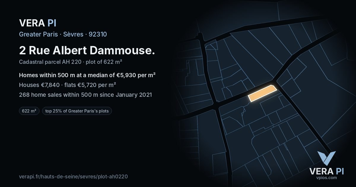 2 Rue Albert Dammouse, Sèvres at night – the plot lit, the parcels around coloured by the prices near them