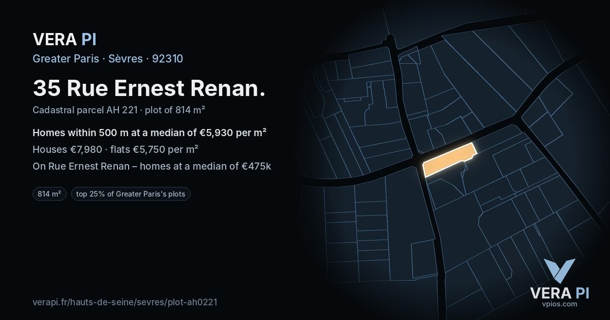 35 Rue Ernest Renan, Sèvres at night – the plot lit, the parcels around coloured by the prices near them