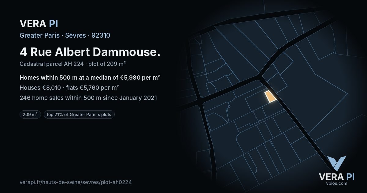 4 Rue Albert Dammouse, Sèvres at night – the plot lit, the parcels around coloured by the prices near them