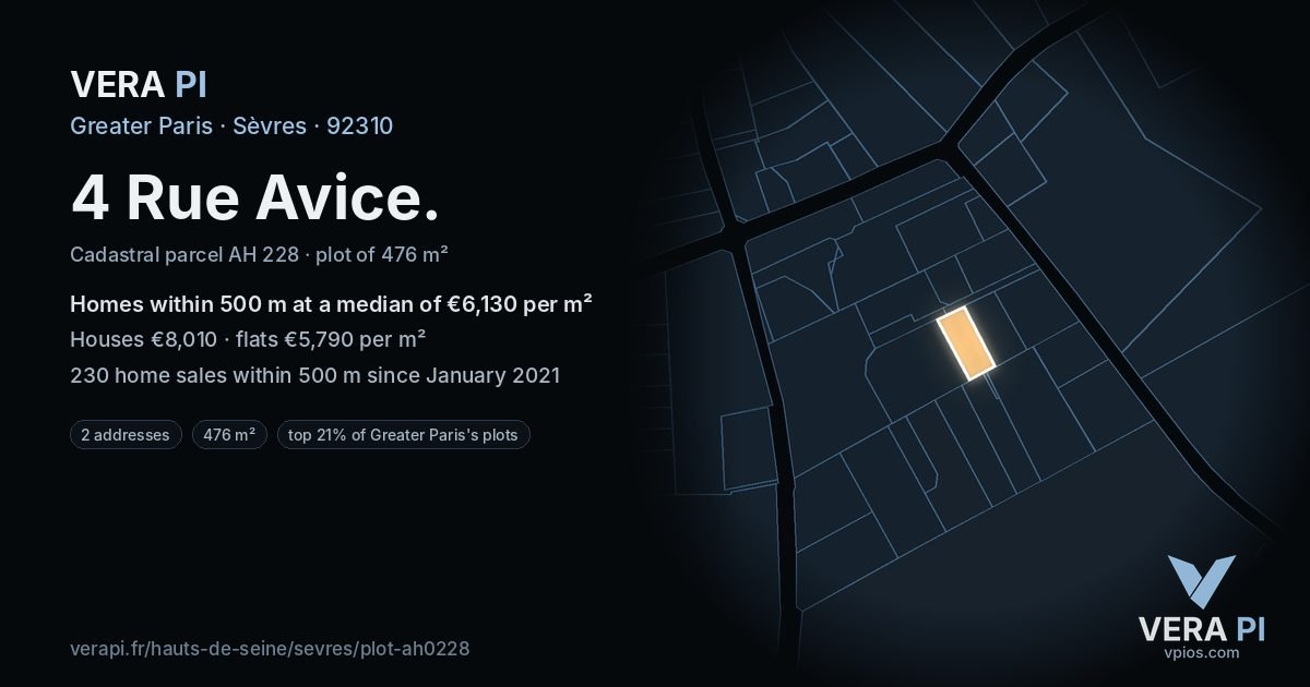 4 Rue Avice, Sèvres at night – the plot lit, the parcels around coloured by the prices near them