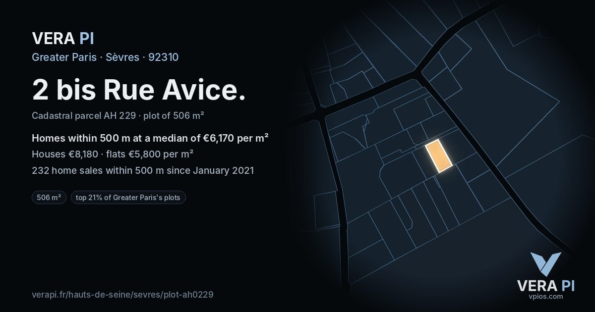 2 bis Rue Avice, Sèvres at night – the plot lit, the parcels around coloured by the prices near them