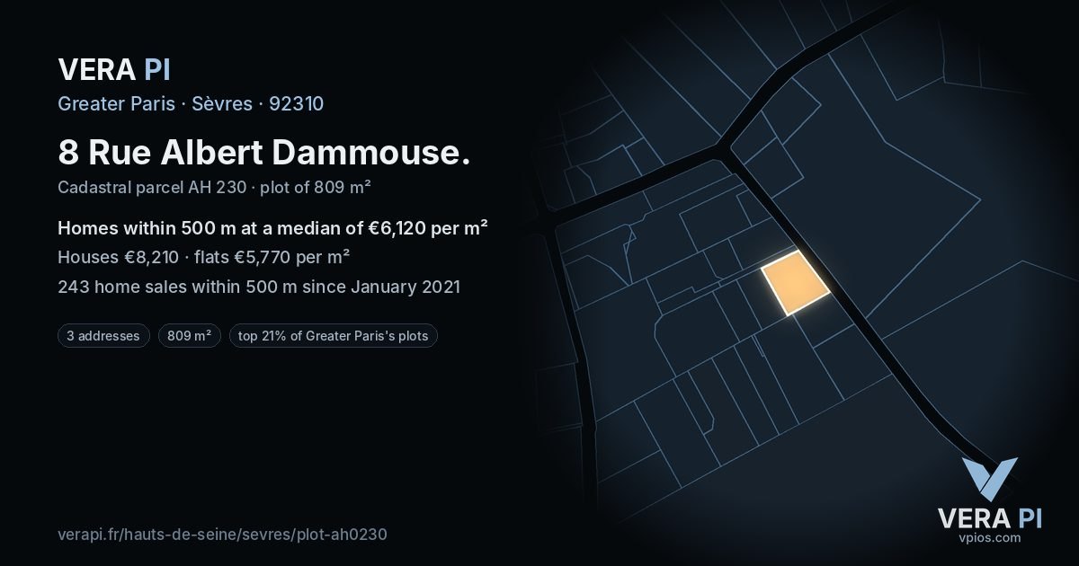 8 Rue Albert Dammouse, Sèvres at night – the plot lit, the parcels around coloured by the prices near them