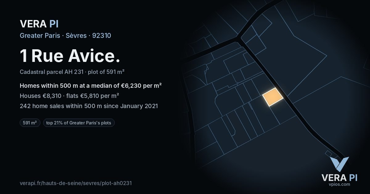 1 Rue Avice, Sèvres at night – the plot lit, the parcels around coloured by the prices near them