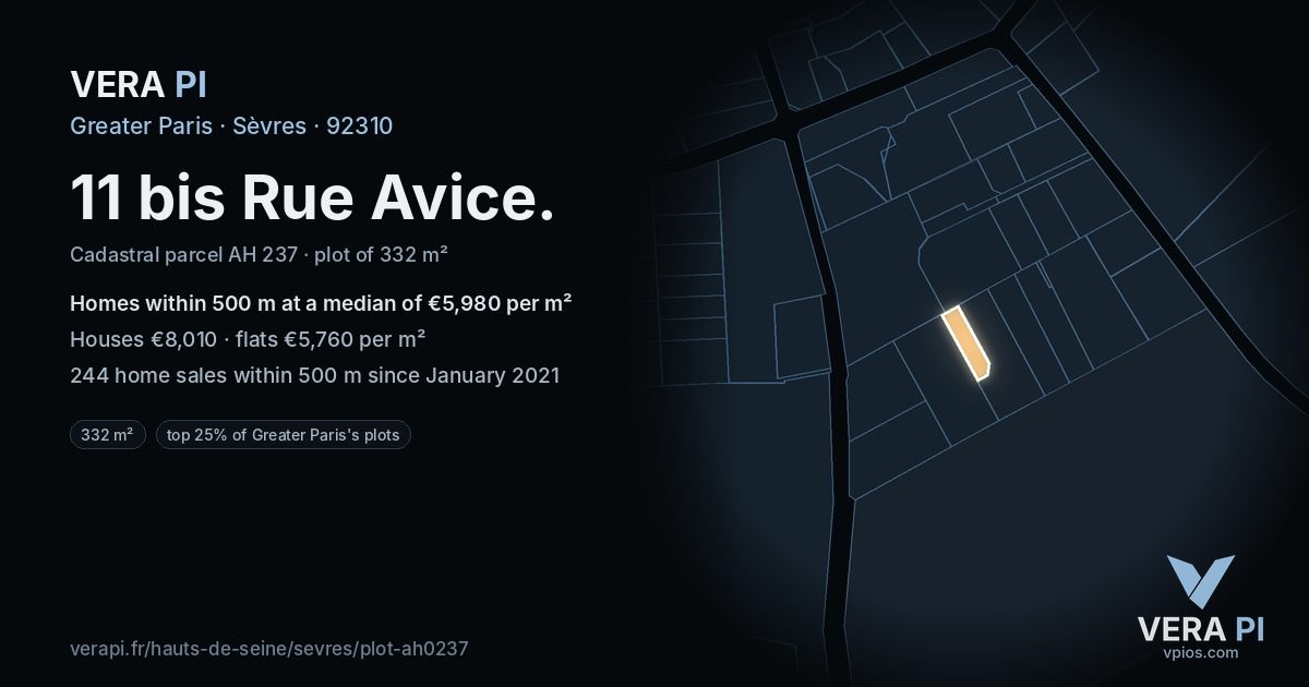 11 bis Rue Avice, Sèvres at night – the plot lit, the parcels around coloured by the prices near them