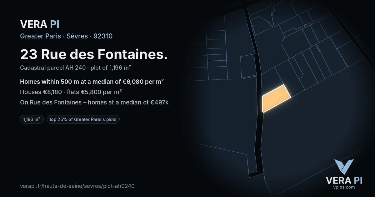 23 Rue des Fontaines, Sèvres at night – the plot lit, the parcels around coloured by the prices near them