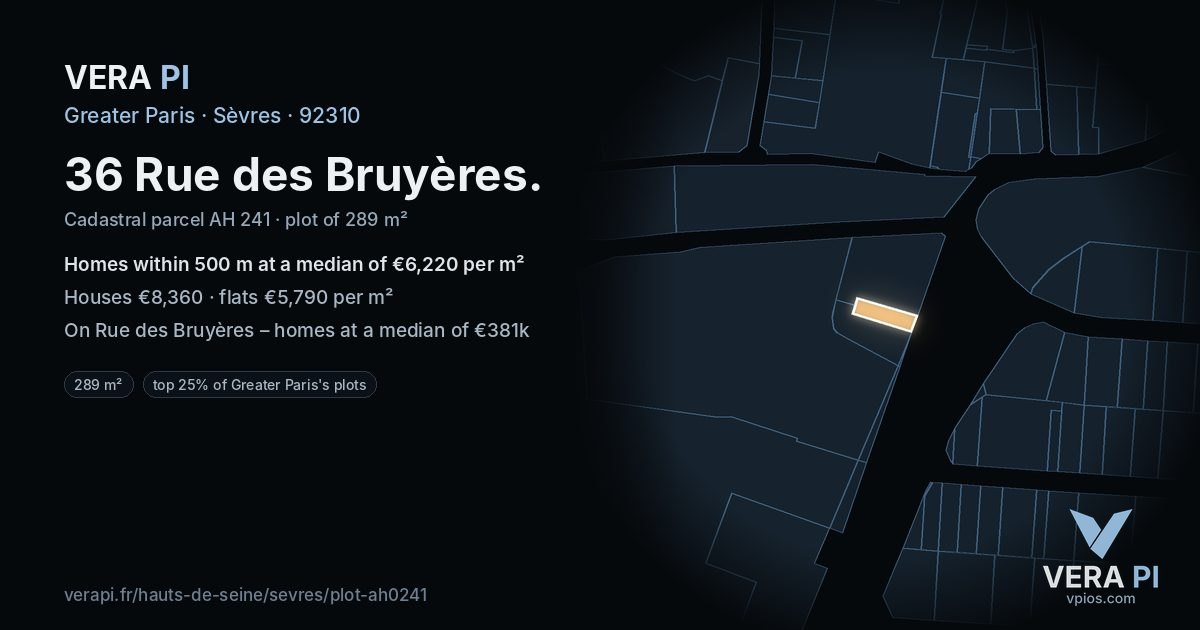 36 Rue des Bruyères, Sèvres at night – the plot lit, the parcels around coloured by the prices near them