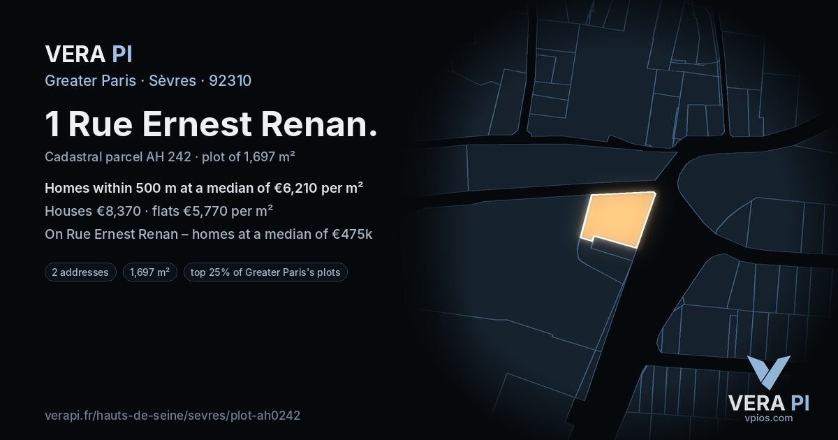 1 Rue Ernest Renan, Sèvres at night – the plot lit, the parcels around coloured by the prices near them