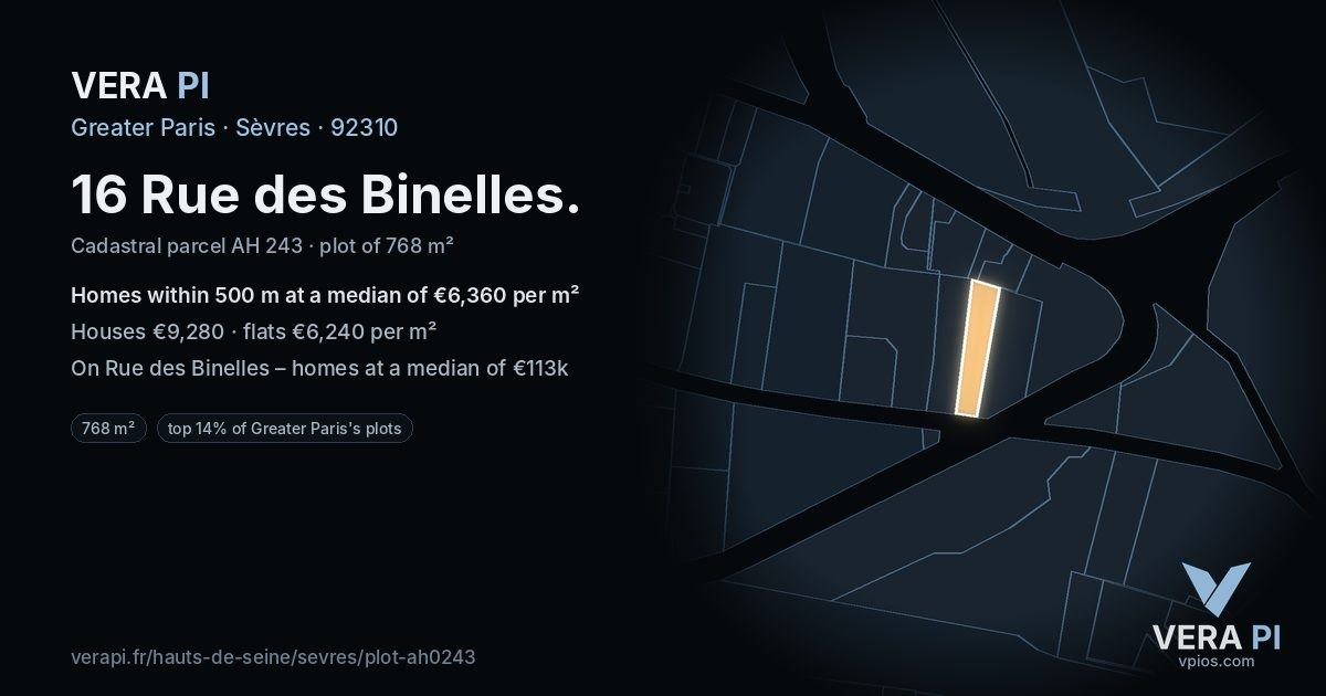 16 Rue des Binelles, Sèvres at night – the plot lit, the parcels around coloured by the prices near them