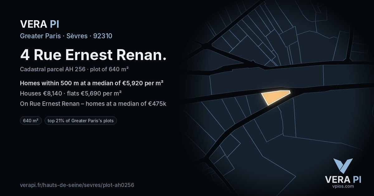 4 Rue Ernest Renan, Sèvres at night – the plot lit, the parcels around coloured by the prices near them