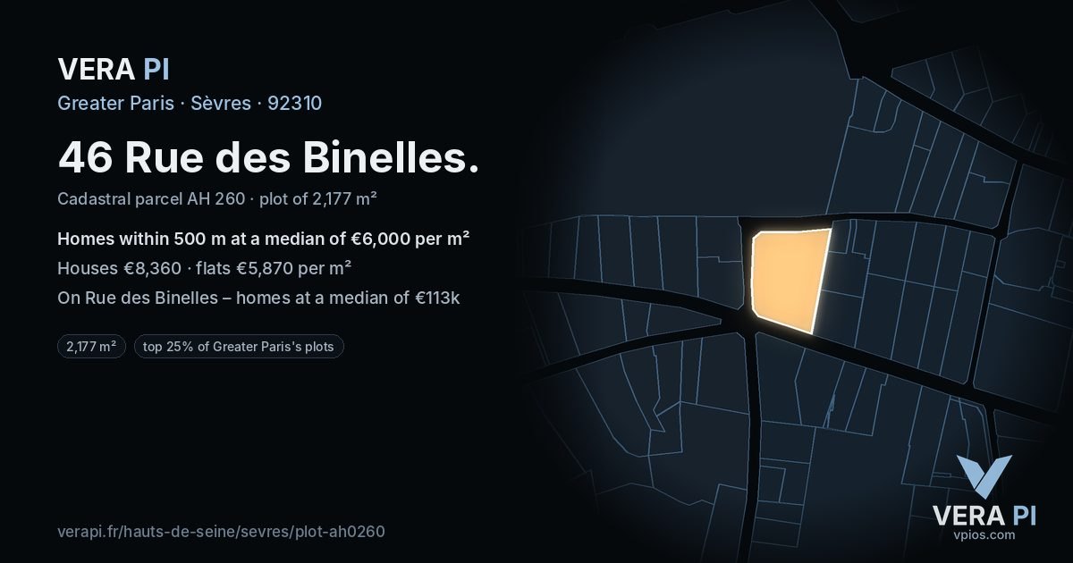 46 Rue des Binelles, Sèvres at night – the plot lit, the parcels around coloured by the prices near them