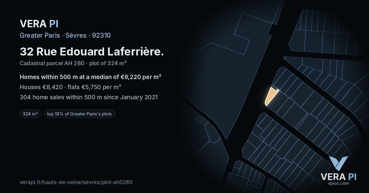 32 Rue Edouard Laferrière, Sèvres at night – the plot lit, the parcels around coloured by the prices near them