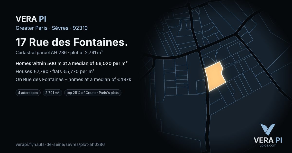 17 Rue des Fontaines, Sèvres at night – the plot lit, the parcels around coloured by the prices near them