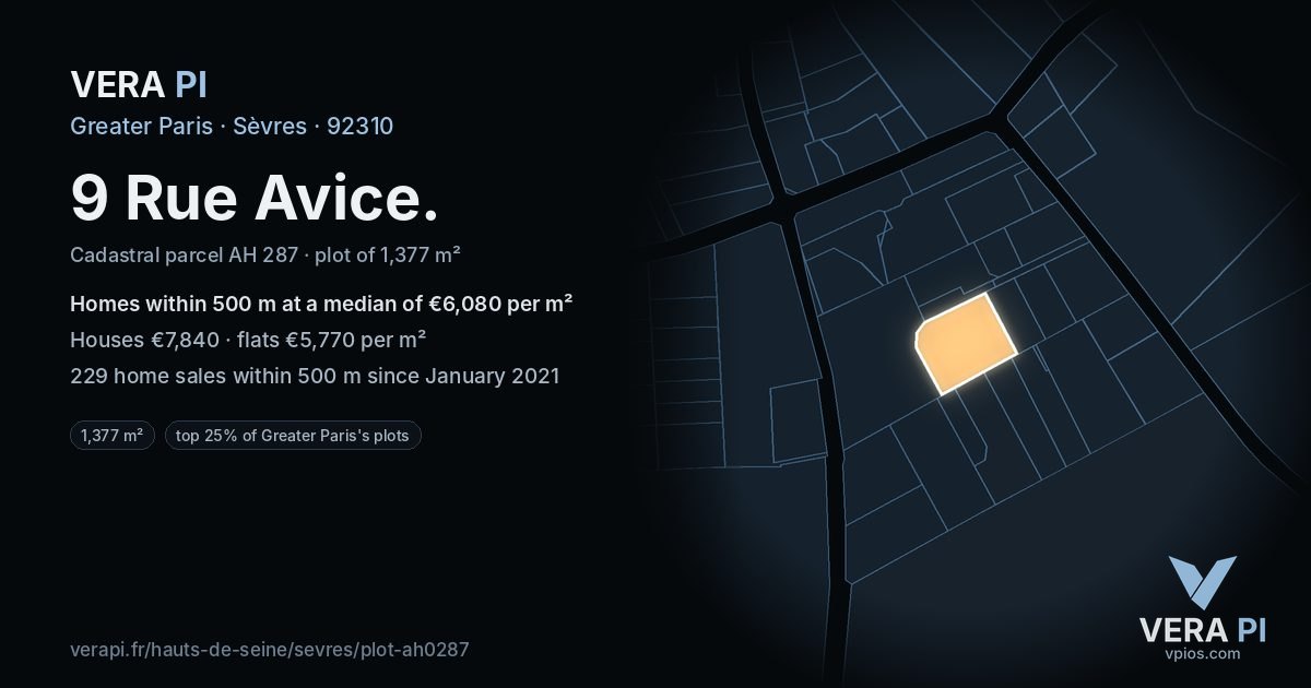 9 Rue Avice, Sèvres at night – the plot lit, the parcels around coloured by the prices near them
