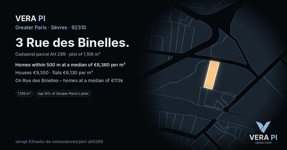 3 Rue des Binelles, Sèvres at night – the plot lit, the parcels around coloured by the prices near them