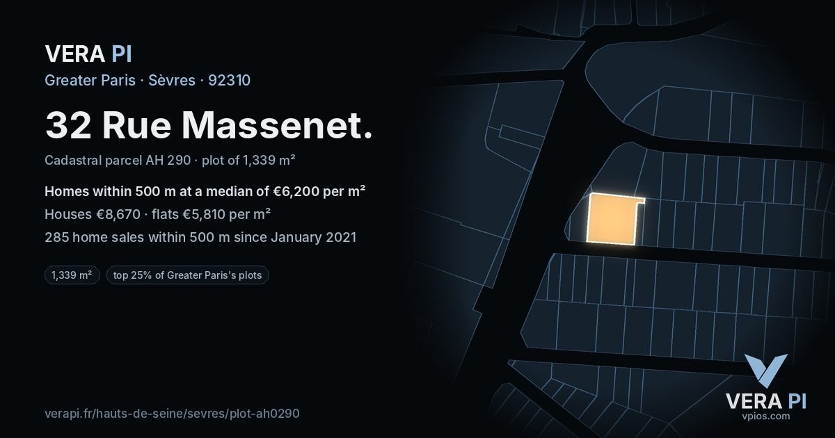 32 Rue Massenet, Sèvres at night – the plot lit, the parcels around coloured by the prices near them
