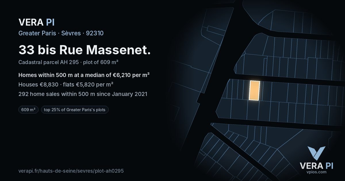 33 bis Rue Massenet, Sèvres at night – the plot lit, the parcels around coloured by the prices near them