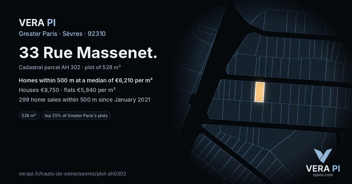 33 Rue Massenet, Sèvres at night – the plot lit, the parcels around coloured by the prices near them