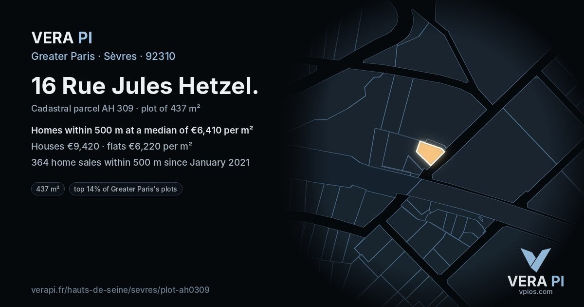 16 Rue Jules Hetzel, Sèvres at night – the plot lit, the parcels around coloured by the prices near them