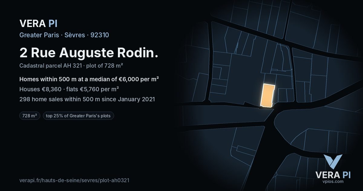 2 Rue Auguste Rodin, Sèvres at night – the plot lit, the parcels around coloured by the prices near them