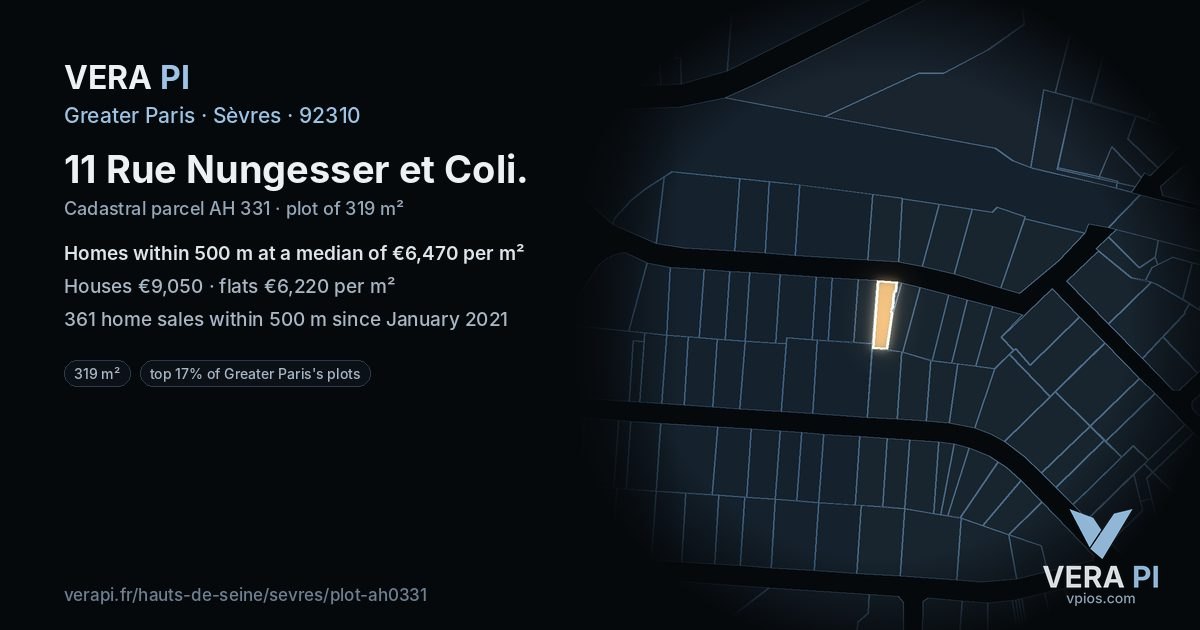11 Rue Nungesser et Coli, Sèvres at night – the plot lit, the parcels around coloured by the prices near them