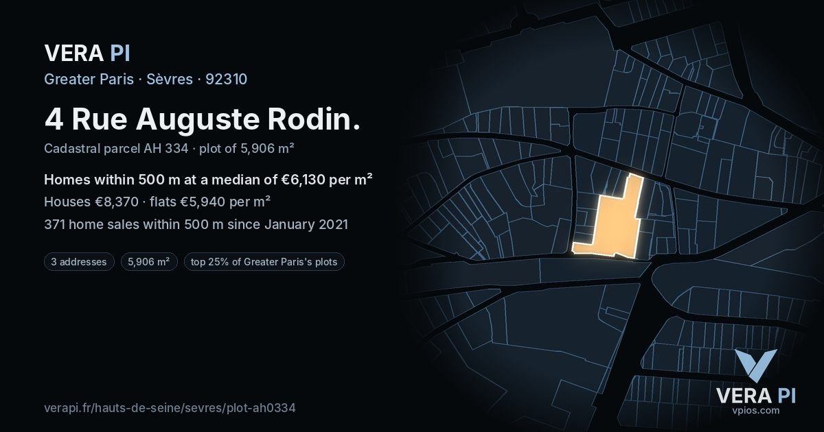4 Rue Auguste Rodin, Sèvres at night – the plot lit, the parcels around coloured by the prices near them