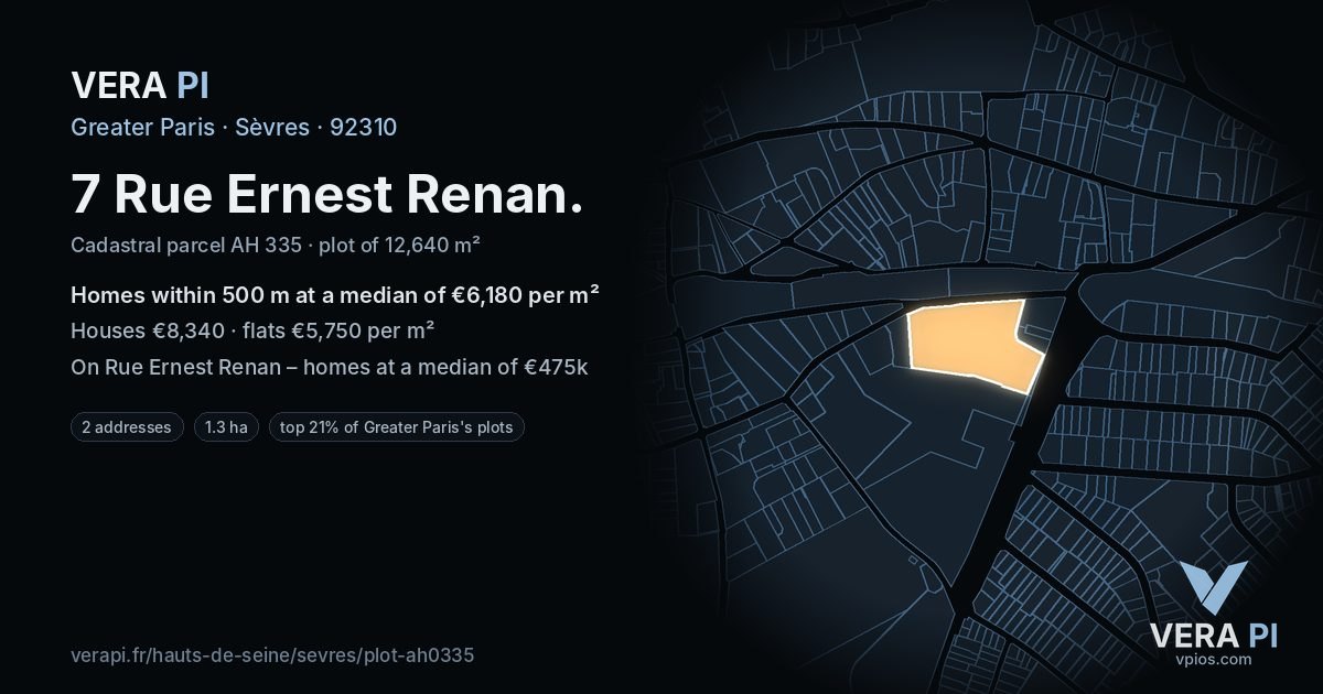 7 Rue Ernest Renan, Sèvres at night – the plot lit, the parcels around coloured by the prices near them