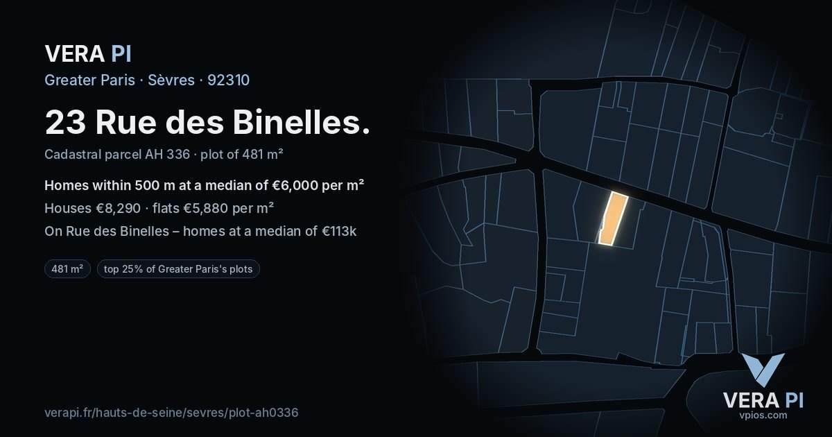 23 Rue des Binelles, Sèvres at night – the plot lit, the parcels around coloured by the prices near them