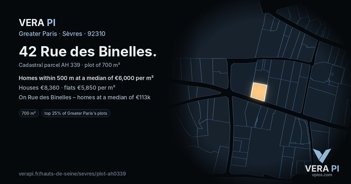 42 Rue des Binelles, Sèvres at night – the plot lit, the parcels around coloured by the prices near them