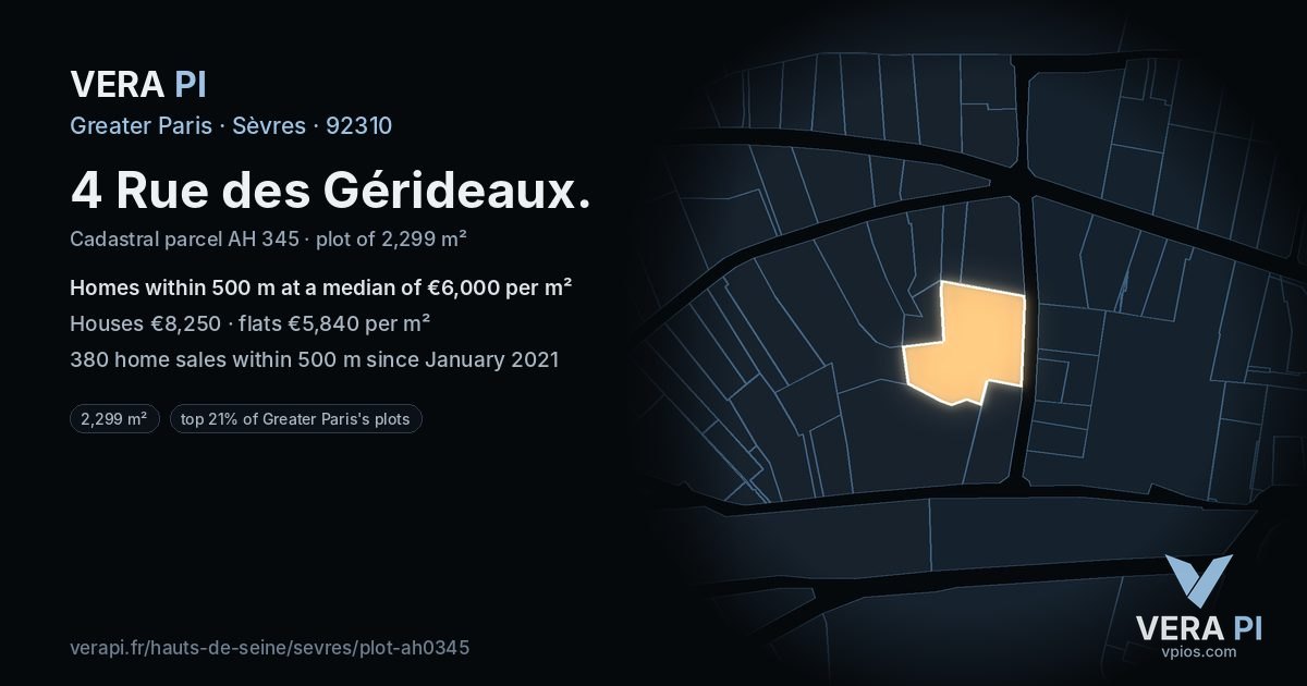 4 Rue des Gérideaux, Sèvres at night – the plot lit, the parcels around coloured by the prices near them