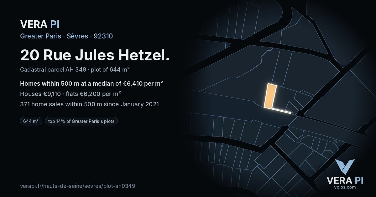 20 Rue Jules Hetzel, Sèvres at night – the plot lit, the parcels around coloured by the prices near them