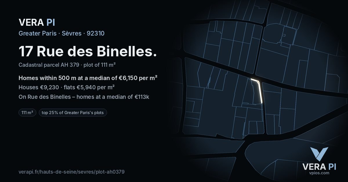 17 Rue des Binelles, Sèvres at night – the plot lit, the parcels around coloured by the prices near them