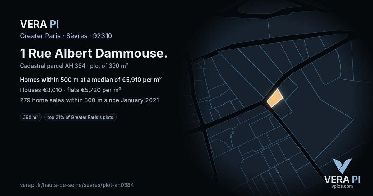 1 Rue Albert Dammouse, Sèvres at night – the plot lit, the parcels around coloured by the prices near them