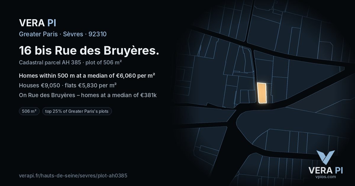16 bis Rue des Bruyères, Sèvres at night – the plot lit, the parcels around coloured by the prices near them